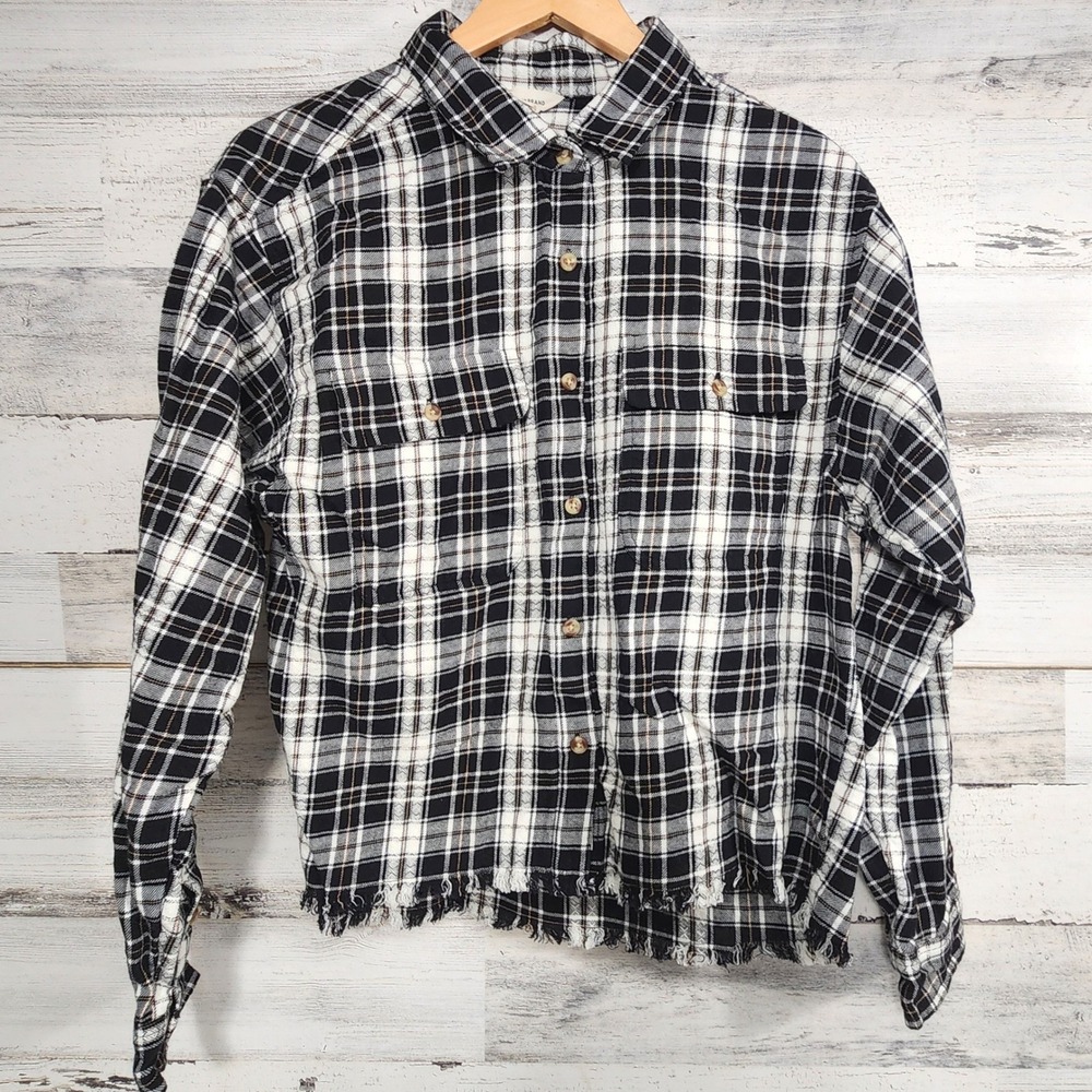 Lucky Brand Plaid Button Front Shirt Women Medium Black White Raw Hem Flannel